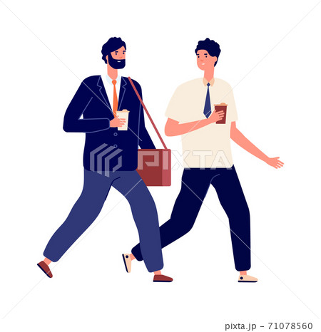 Managers with hot beverages. Flat young friends drink coffee or tea. Isolated male characters with eco or take away mugs vector illustration 71078560