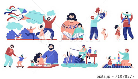 Father with children. Man play child, dad and son fishing reading hugging and sporting. Happy fatherhood, outdoor kid recreation vector set Father with children. Man play child, dad and son fishing reading hugging and sporting. Happy fatherhood, outdoor kid recreation vector set 71078577