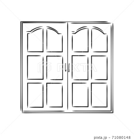 Modern double pvc sash on light inside wall backdrop. Freehand outline black ink hand drawn, window, vector sketch illustration 71080148
