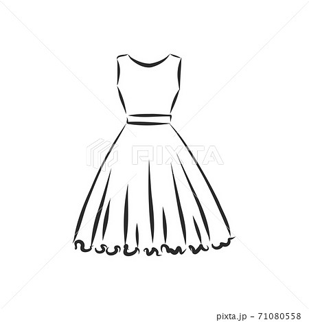 women's dresses. Hand drawn vector illustration. Black outline drawing isolated on white background women's dress, vector sketch illustration 71080558