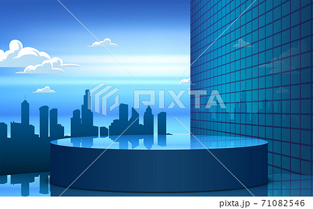 glass showcase stand with cityscape background 71082546