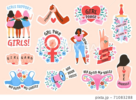 Feminism. Female power and solidarity, women rights and protest activists symbols and slang words for card, poster or flyer, body positive and girl power bright stickers vector concept 71083288