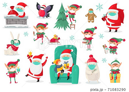 Cartoon christmas characters wearing medical masks. Santa, elves and animals in protect mask, antiviral protective measure, stop spread viruses and beware epidemic covid-19 vector set 71083290