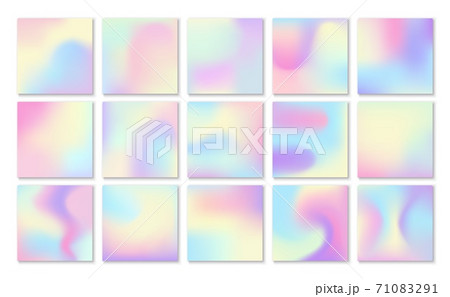 Holographic backgrounds. Petrol gradient blotches backdrop, trendy pastel yellow and pink colors, hologram iridescent effect stains, fantasy square texture vector illustration set 71083291