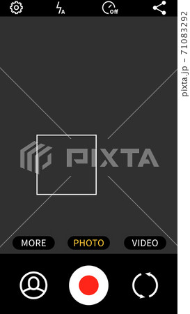 Smartphone application. Mobile video and photo app, camera viewfinders on black phone device screen, camcorder buttons, UI elements template, snapshot display, interface vector mockup Smartphone application. Mobile video and photo app, camera viewfinders on black phone device screen, camcorder buttons, UI elements template, snapshot display, interface vector mockup 71083292