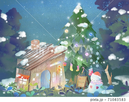 森のクリスマス山小屋風の小さな家で雪だるまとwelcomeのイラスト素材 7105