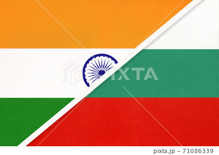 India and Bulgaria, symbol of national flags from textile. India and Bulgaria, symbol of national flags from textile. 71086339