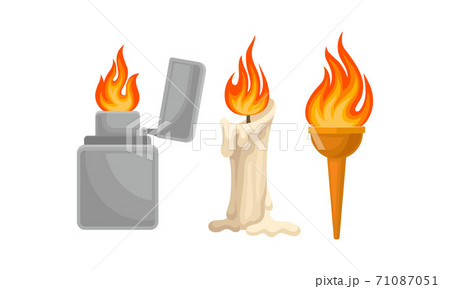 Flaming and Burning Objects with Cigar Lighter and Candle Vector Set 71087051
