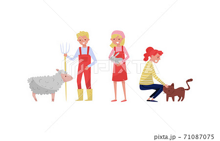 People Farmers Taking Care of Domestic Animals Vector Illustration Set People Farmers Taking Care of Domestic Animals Vector Illustration Set 71087075