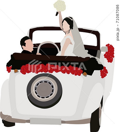 結婚式に向かうクラシックカーに乗った新郎新婦イラスト 71087086