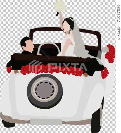 結婚式に向かうクラシックカーに乗った新郎新婦イラストのイラスト素材
