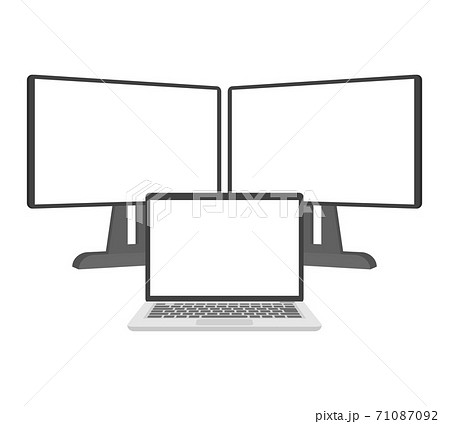 ノートパソコンとモニターのデュアルディスプレイ 3画面のマルチディスプレイのイラスト素材