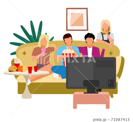 Friends Watching Tv Flat Vector Illustration のイラスト素材
