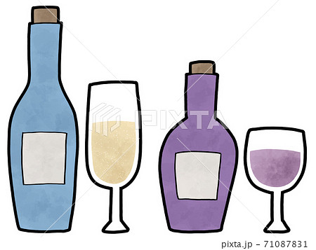 おしゃれなお酒の瓶とシャンパングラスセットのイラスト素材