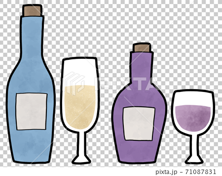 おしゃれなお酒の瓶とシャンパングラスセットのイラスト素材
