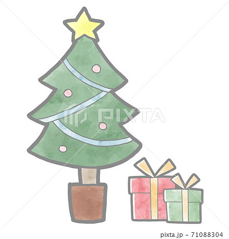 飾りの付いたクリスマスツリーとプレゼントのイラスト素材
