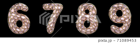 Number set 6, 7, 8, 9 made of realistic 3d render golden shining metallic. Collection of gold shining metallic with pink color glass symbol 71089453
