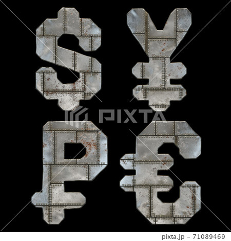 Set of symbols dollar, yen, rouble and euro made of industrial metal on black background 3d Set of symbols dollar, yen, rouble and euro made of industrial metal on black background 3d 71089469