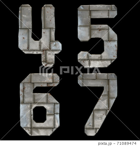 Set of numbers 4, 5, 6, 7 made of industrial metal on black background 3d Set of numbers 4, 5, 6, 7 made of industrial metal on black background 3d 71089474