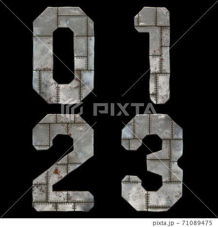 Set of numbers 0, 1, 2, 3 made of industrial metal on black background 3d Set of numbers 0, 1, 2, 3 made of industrial metal on black background 3d 71089475