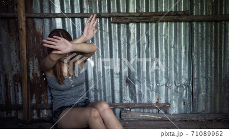 Stop sexual harassment hand gesture by victim woman Stop sexual harassment hand gesture by victim woman 71089962