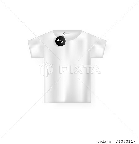 White male t shirt. Realistic mockup. Short sleeve t shirt template with discount tags. Vector on isolated white background. Eps 10. White male t shirt. Realistic mockup. Short sleeve t shirt template with discount tags. Vector on isolated white background. Eps 10. 71090117