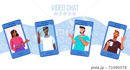 Video chat or call illustration with diverse people, smartphone screens. Video chat or call illustration with diverse people, smartphone screens. 71090378