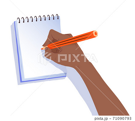 Top view illustration of hand writing in notebook 71090793