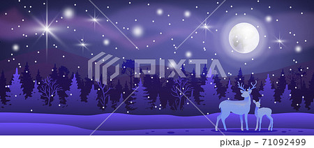 Christmas winter vector landscape with snow, forest, reindeers, moon, night sky, stars.  71092499