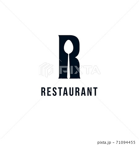 Restaurant logo template, black silhouette of Letter R with spoon in letter negative space, food menu graphic, vector icon. 71094455