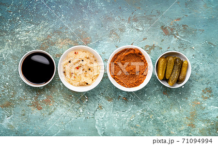 Variety of healthy fermented foods in one raw 71094994