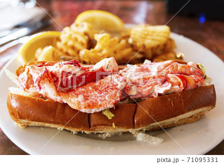 Lobster roll on a plate in a restaurant in Maine Lobster roll on a plate in a restaurant in Maine 71095331