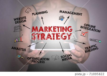 MARKETING STRATEGY concept. Woman with cell phone in hands MARKETING STRATEGY concept. Woman with cell phone in hands 71095822