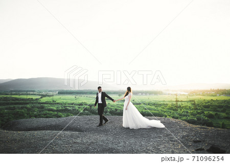 Wedding couple holding hands, groom and bride together on wedding day Wedding couple holding hands, groom and bride together on wedding day 71096254