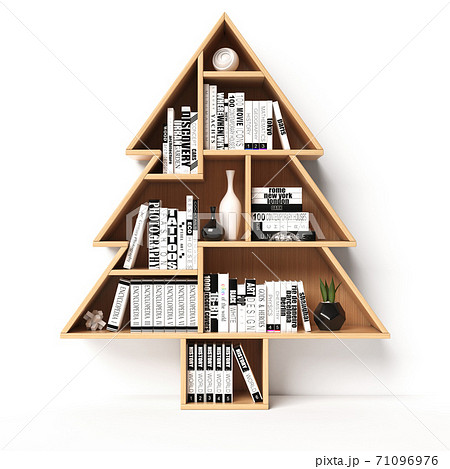 Bookshelves in the shape of Christmas tree, Xmas present, book shelf concept, 3d rendering Bookshelves in the shape of Christmas tree, Xmas present, book shelf concept, 3d rendering 71096976