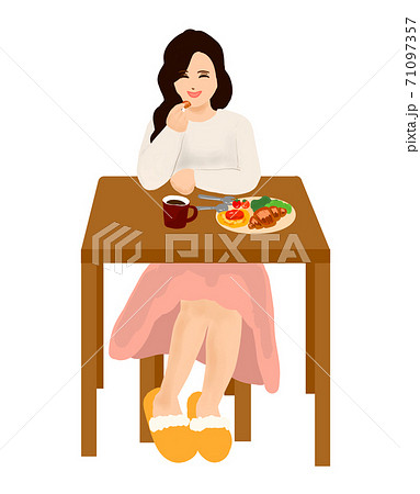 椅子に座って朝食を食べる笑顔の女性のイラスト素材