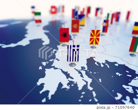 Flag of Greece in focus among other European countries flags. Europe marked with table flags 3d rendering 71097640