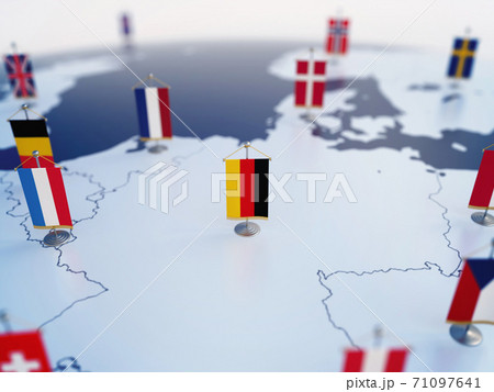 Flag of Germany in focus among other European countries flags. Europe marked with table flags 3d rendering Flag of Germany in focus among other European countries flags. Europe marked with table flags 3d rendering 71097641