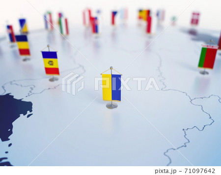 Flag of Ukraine in focus among other European countries flags. Europe marked with table flags 3d rendering 71097642