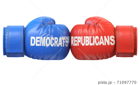Democrats vs. Republicans. Two boxing gloves against each other in colors of Democratic and Republican party, 3d rendering 71097770