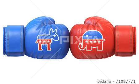 Democrats vs. Republicans. Two boxing gloves against each other in colors of Democratic and Republican party, 3d rendering Democrats vs. Republicans. Two boxing gloves against each other in colors of Democratic and Republican party, 3d rendering 71097771
