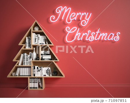 Christmas card, book shelf in form of the Christmas tree and neon Merry Christmas lights on the wall, 3d rendering Christmas card, book shelf in form of the Christmas tree and neon Merry Christmas lights on the wall, 3d rendering 71097851