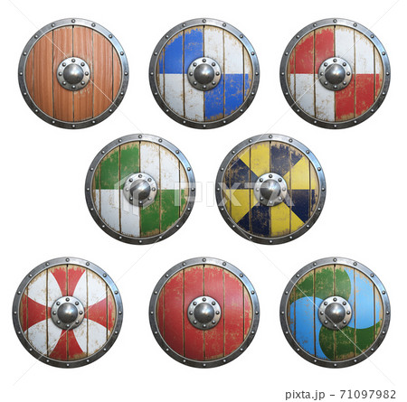 Set of painted viking shilds 3d rendering 71097982