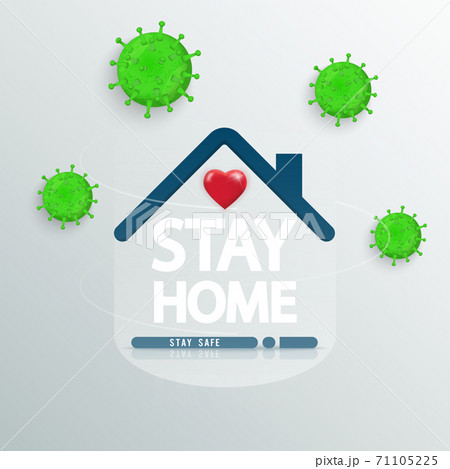 Stay at home text under house roof with heart. COVID 19 or coronavirus protection campaign logo. stay at home with self quarantine to stop outbreak. illustrator vector. 71105225