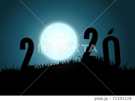 Silhouette of numbers 2020 mountains with moon. illustrator vector. 71105226