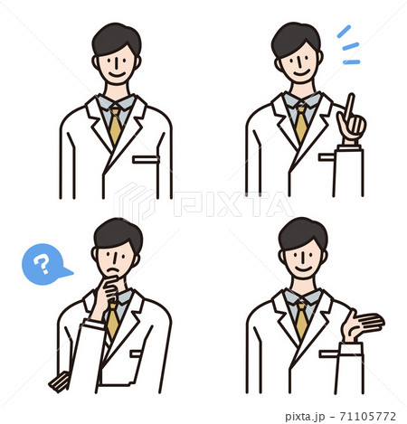 男性医師のイラスト おしゃれな線画 コロナウィルス対策の説明をするドクターのイラスト素材
