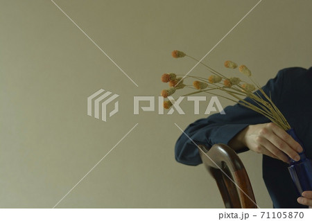 千日紅.  背景に シックドレスの 若い女性（ソフトフォーカス・ダークトーン） 71105870