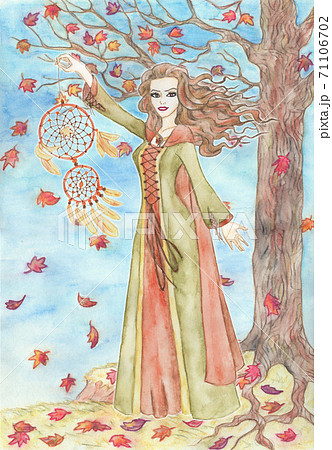 Nature background with tree, copy space and beautiful girl or woman holding dreamcatcher as autumn against falling red leaves. Hand drawn watercolor illustration with calendar seasonal concept Nature background with tree, copy space and beautiful girl or woman holding dreamcatcher as autumn against falling red leaves. Hand drawn watercolor illustration with calendar seasonal concept 71106702