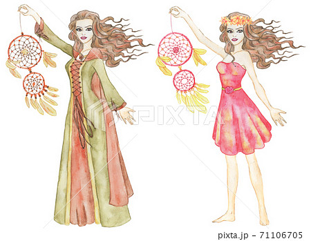 Colorful set with dress up paper doll, body template, seasonal costumes and dress of summer and autumn concept, holding dreamcatcher isolated on white. Hand drawn watercolor illustration for cut out 71106705