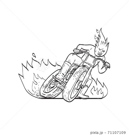 Motorcycle Driver with Fireball Head Driving Motorbike Flat Track Racing  Line Art Drawing Black and White 71107109